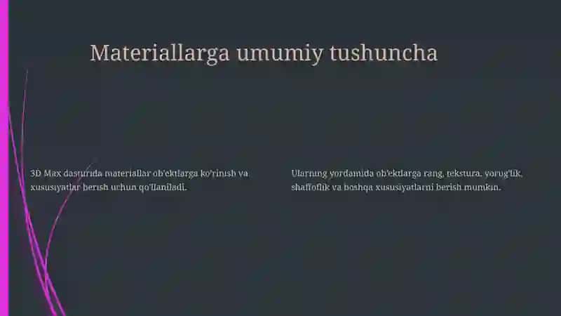 Ob'ektlarga materiallarni qo'llash va ularni sozlash 2
