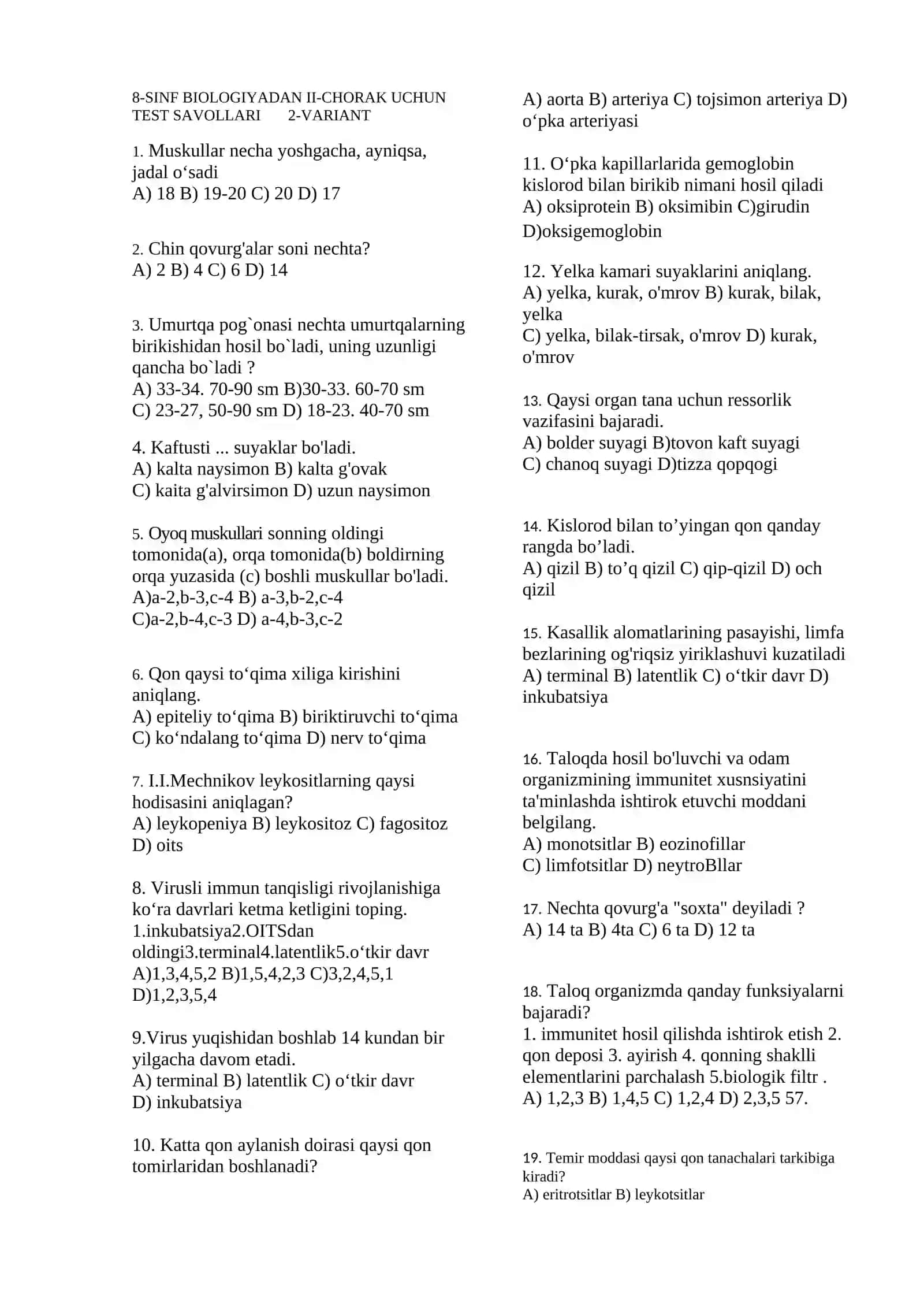 8-SINF BIOLOGIYADAN II-CHORAK UCHUN TEST SAVOLLARI 1-VARIANT 2