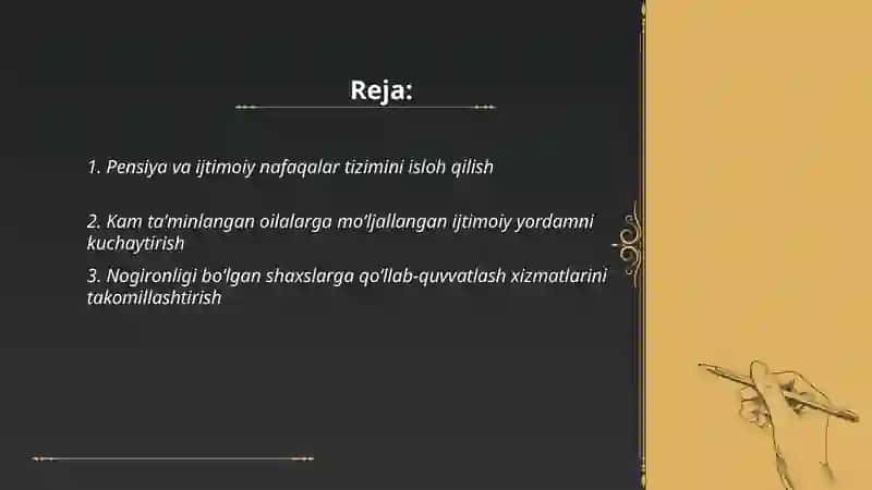 Mamlakatimizda aholini ijtimoiy himoya qilish va sogʻliqni saqlash tizimini takomillashtirish borasida amalga oshirilayotgan ishlar 2