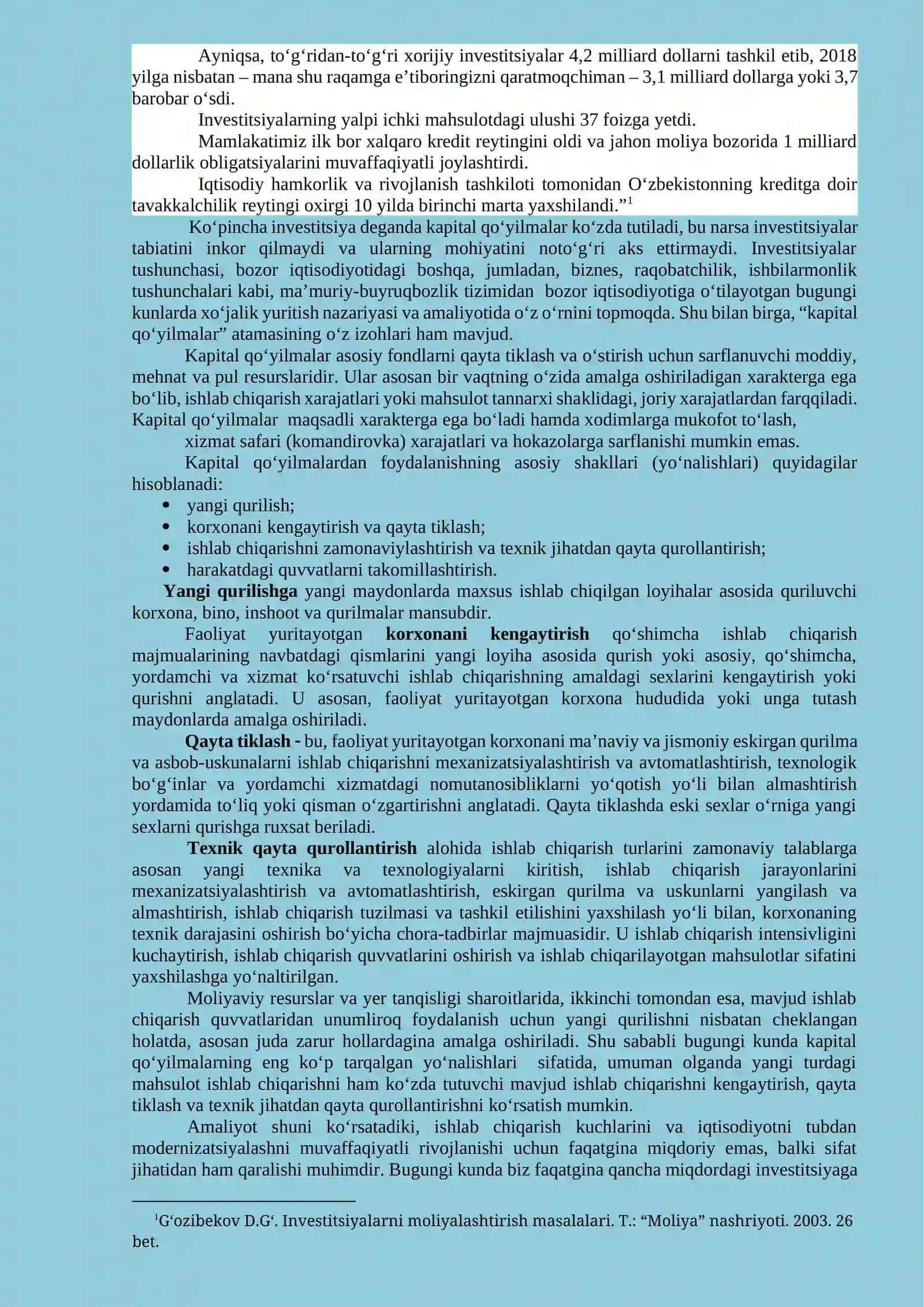 XI Korxonaning investitsion faoliyati 2