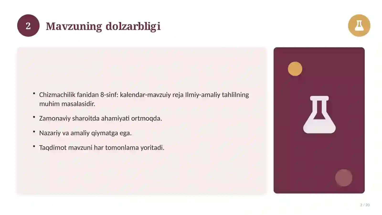 Chizmachilik fanidan 8-sinf: kalendar-mavzuiy reja 2