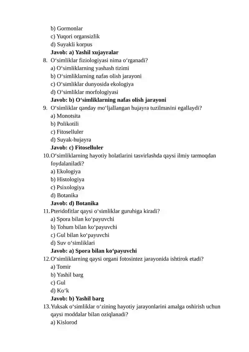 test yuksak osimliklar 50ta javobi bilan 2