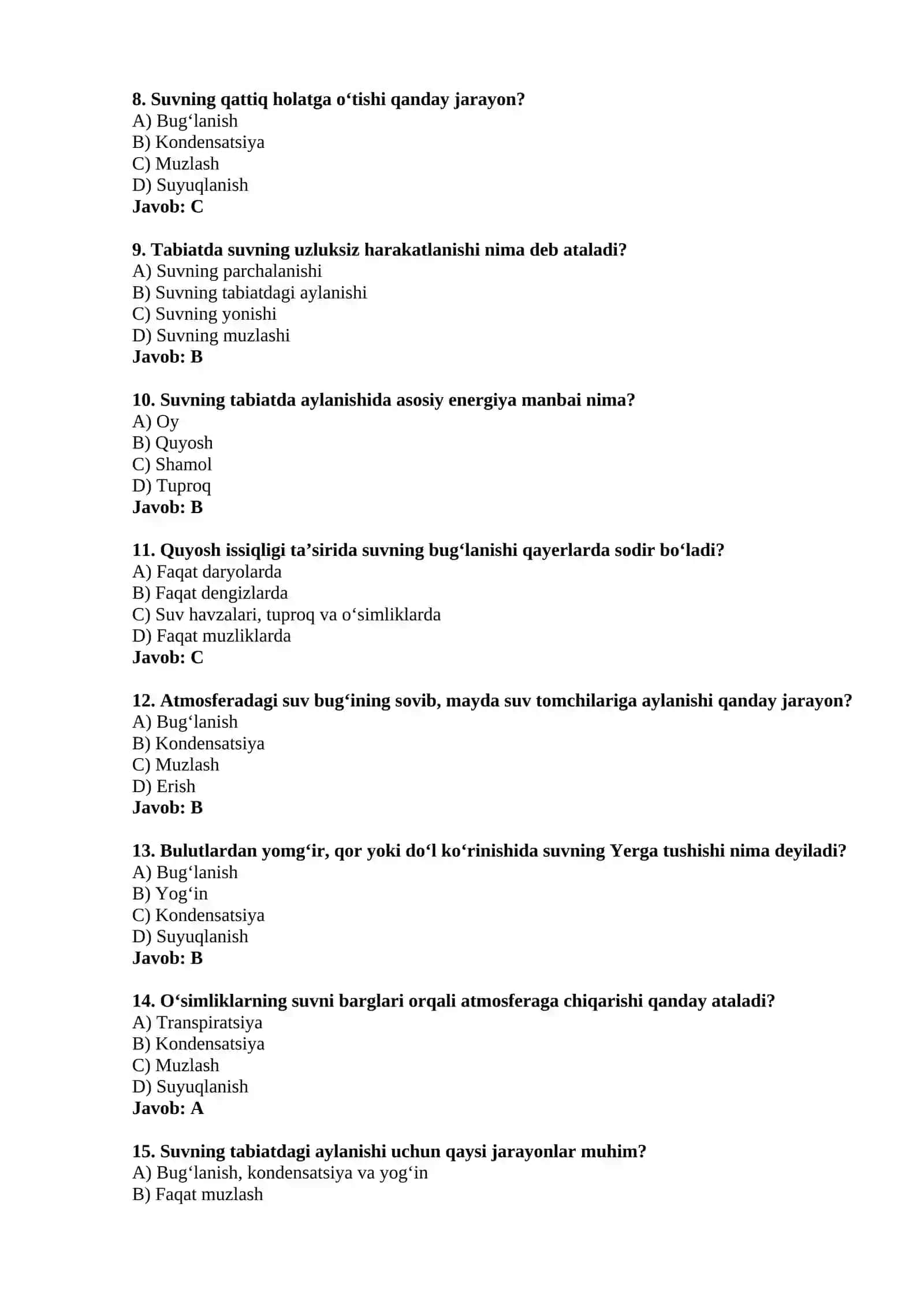 Suvning agregat holati va tabiatda aylanishi — 15 ta test 2