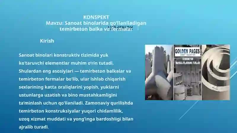 Sanoatbinolarida qoʻllaniladigan temir beton balka va fermalar 2