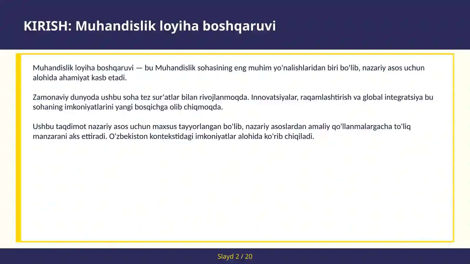 MUHANDISLIK LOYIHA BOSHQARUVI 2