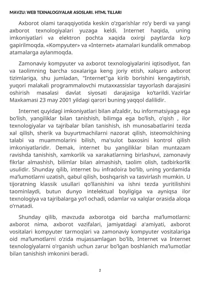 WEB TEXNALOGIYALAR ASOSLARI. HTML TILLARI 2