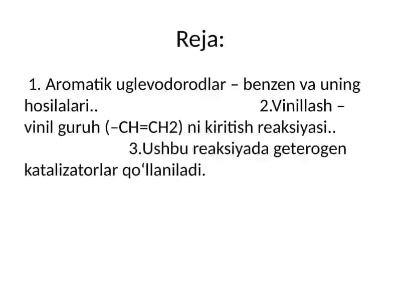 Aromatik uglevodorodlarni geterogen-katalitik vinillash reaksiyasi 2