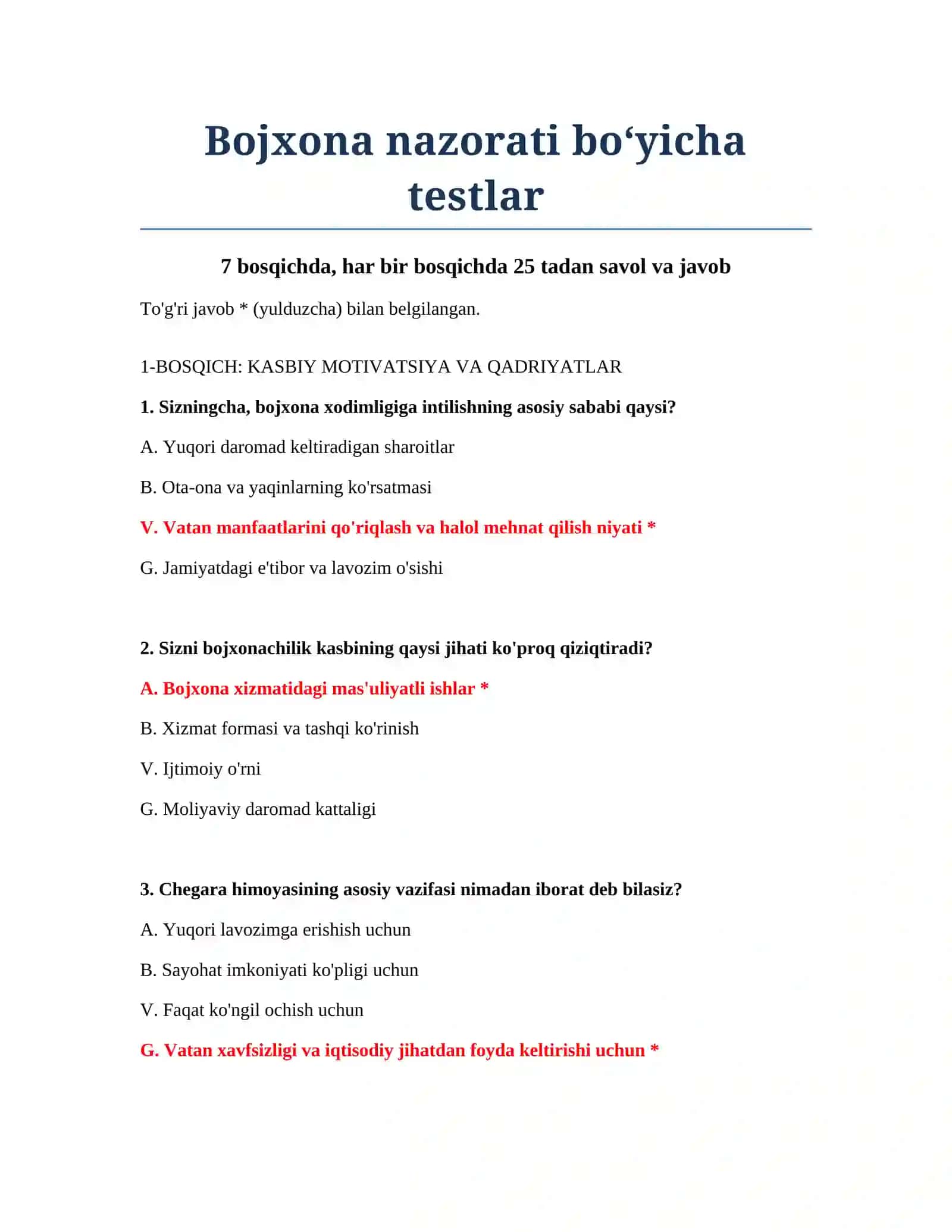 Bojxona nazorati bo‘yicha testlar 2