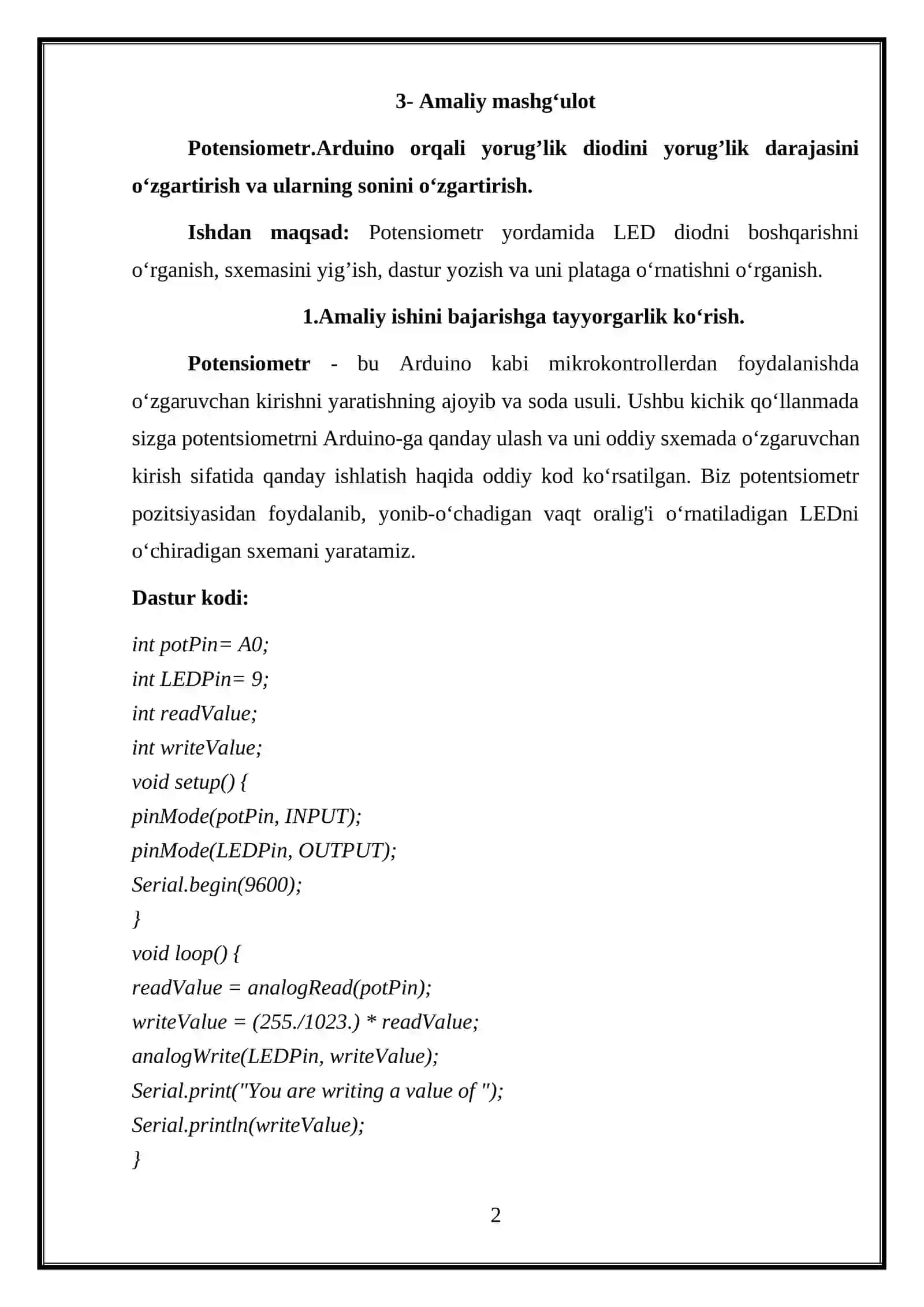 TALABASINING “O'RNATILGAN TIZIMLAR” FANIDAN AMALIY ISH-2 2