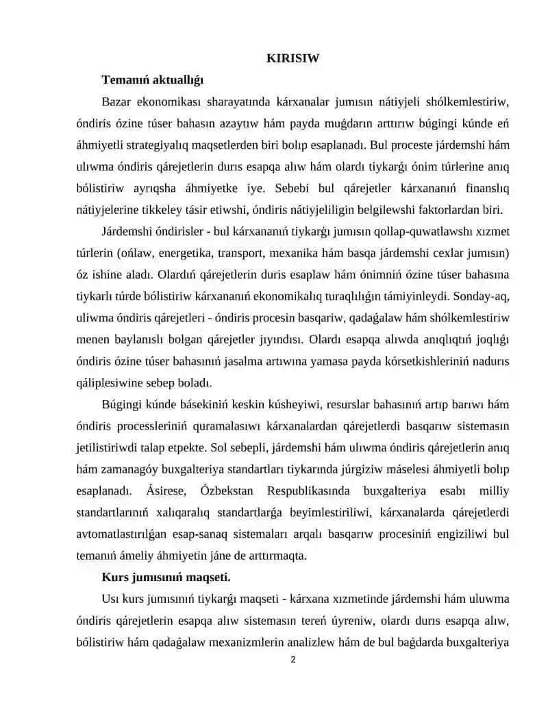 Járdemshi hám ulıwma óndiris qárejetleri esapqa alıw 2