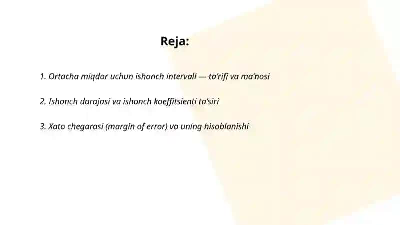 Ortacha miqdor uchun ishonch intervali 2