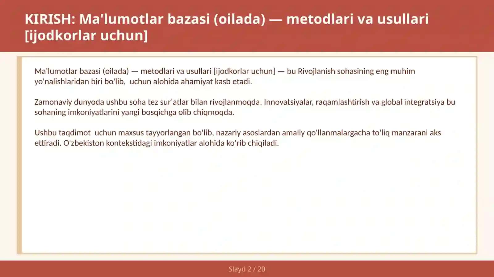 Ma'lumotlar bazasi (oilada) — metodlari va usullari [ijodkorlar uchun] 2