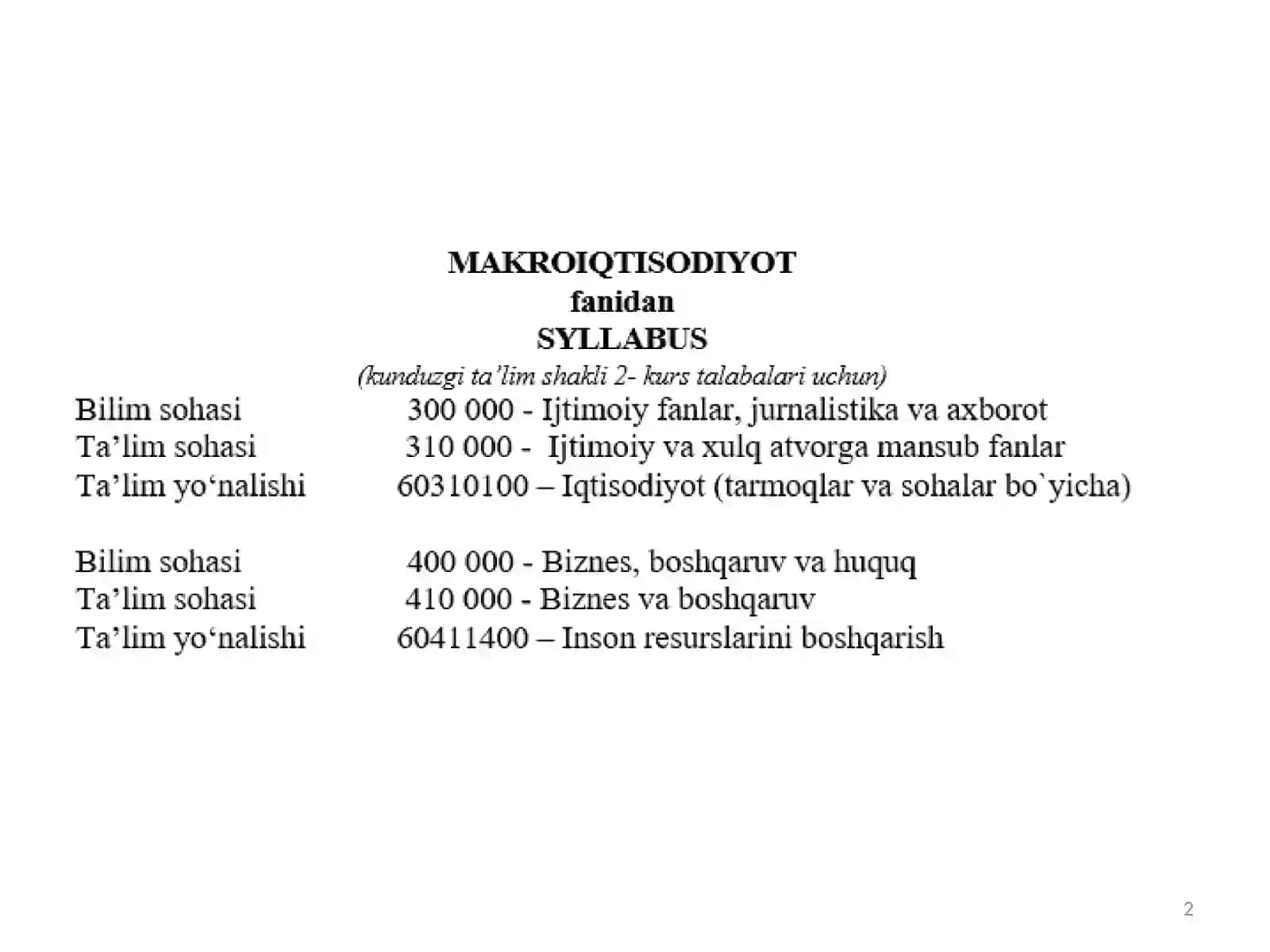 “DINAMIK MAKROIQTISODIYOT” FANIGA KIRISH 2