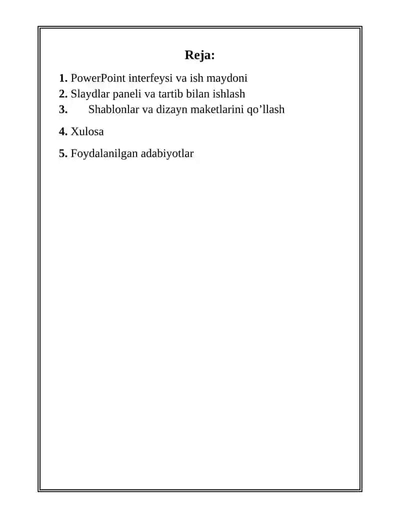 MICROSOFT POWERPOINT DASTURINING ASOSIY ELEMENTLARI. ANIMATSION EFIFEKTLAR. TAQDIM ETISHNI BOSHQARISH 2