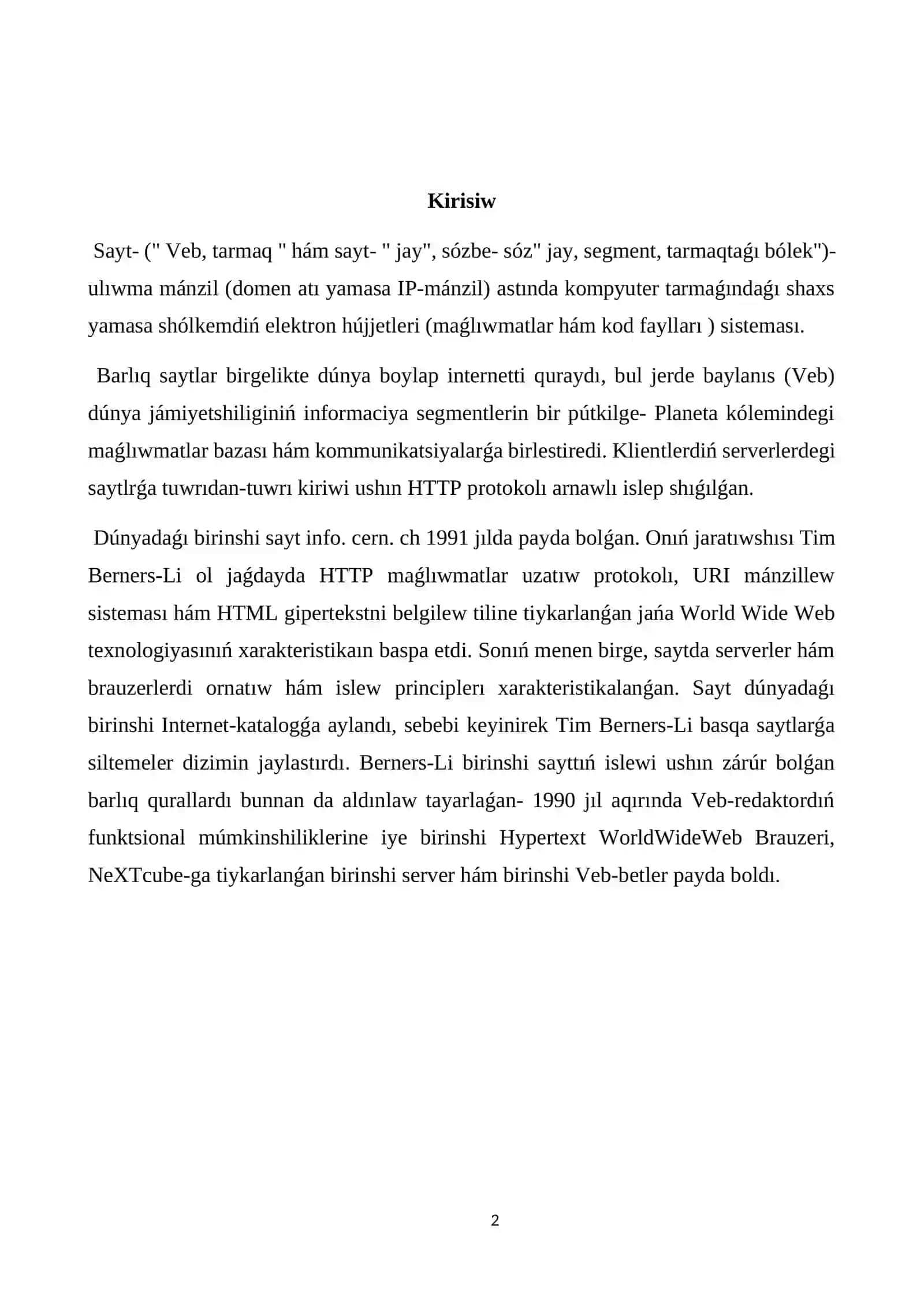 Veb-saytlar jaratıw usılları. HTML tilinde Web-betti jaratıw: gipertekst, tegler 2
