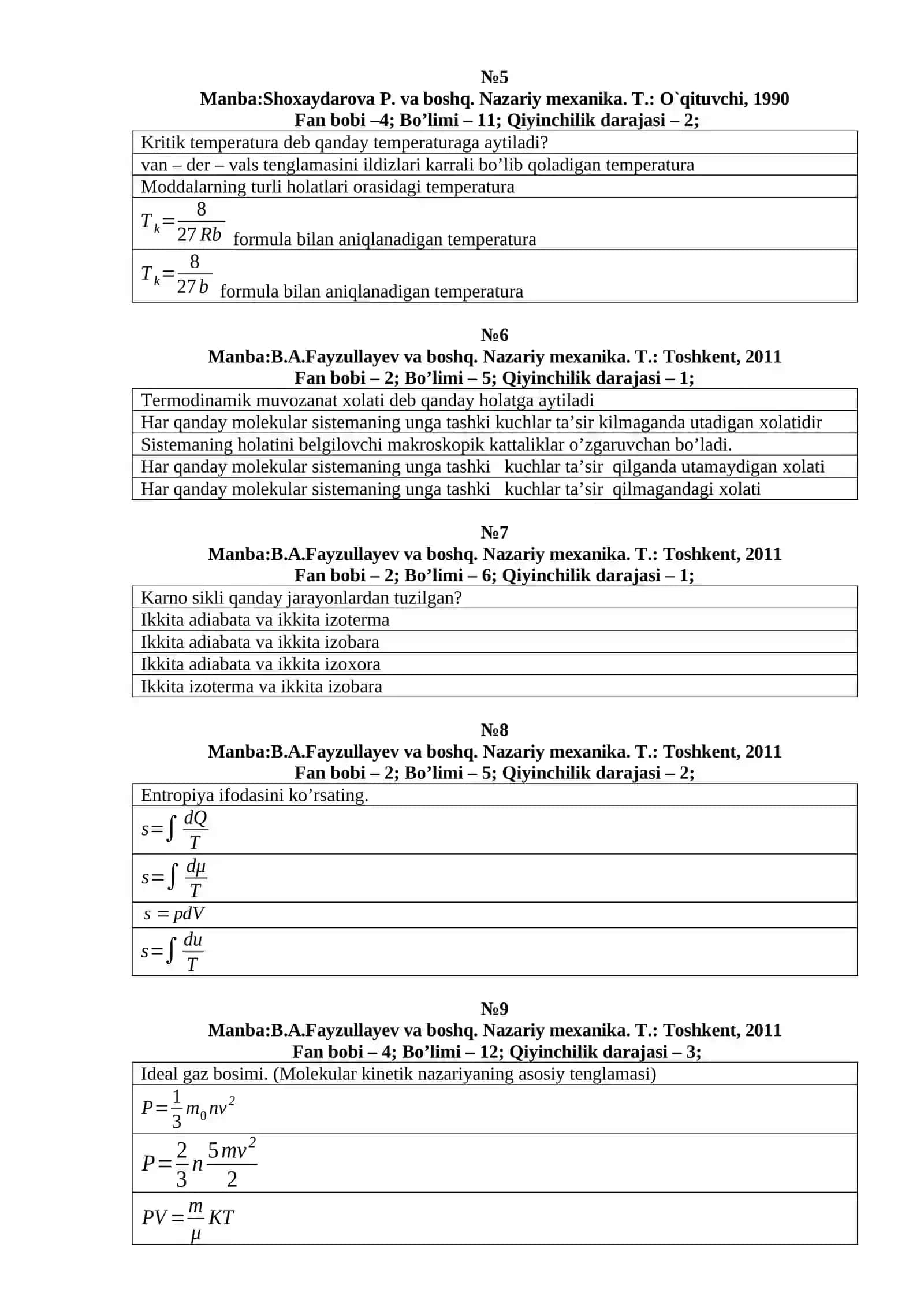 Nazariy mexanika asoslari fanidan test savollari 2