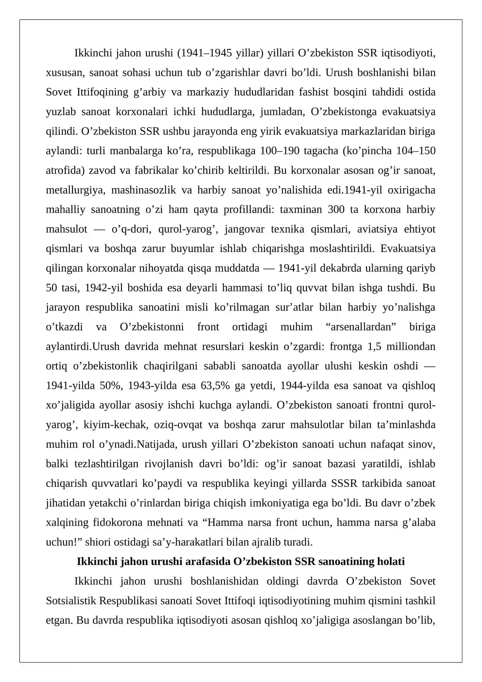 Ikkinchi Jahon Urushi Yillarida O’zbekiston SSR Sanoati 2