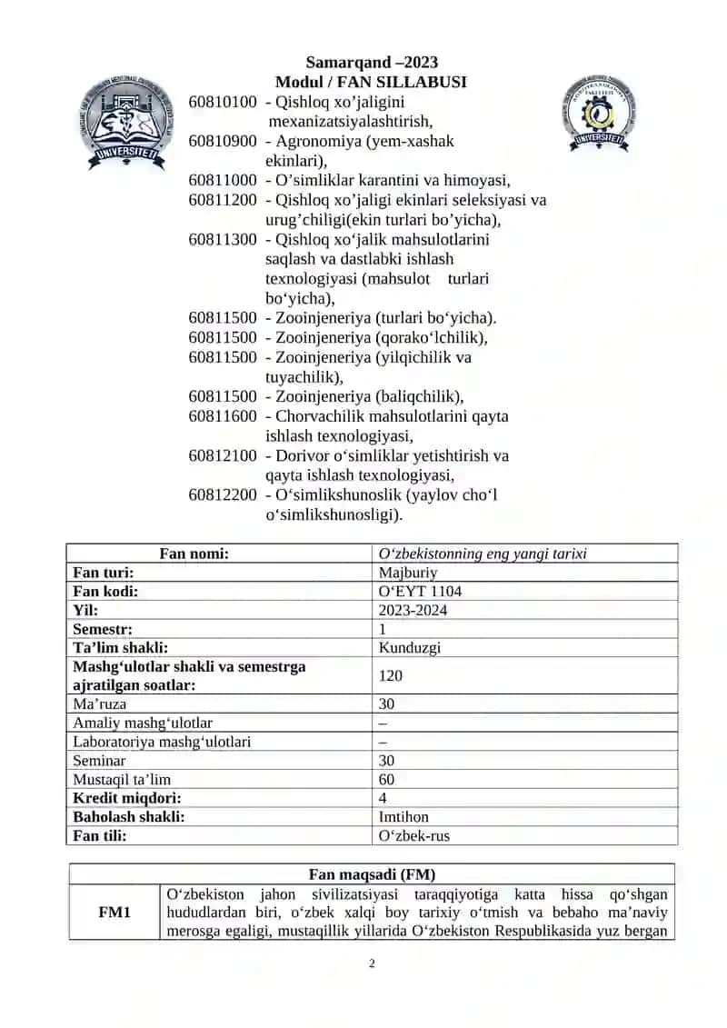 O'ZBEKISTONNING ENG YANGI TARIXI FANI BOʻYICHA 2