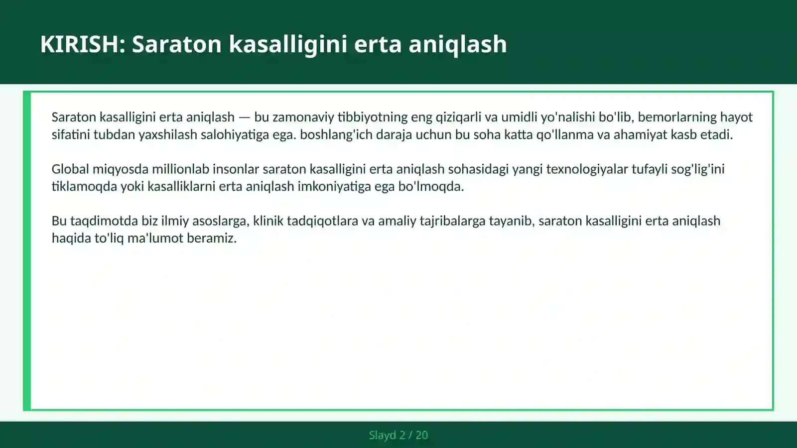 Saraton kasalligini erta aniqlash 2