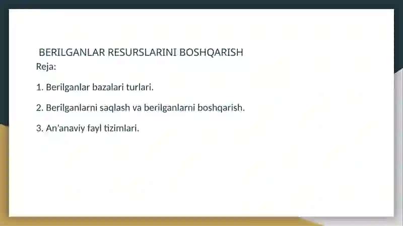 BERILGANLAR RESURSLARINI BOSHQARISH 2