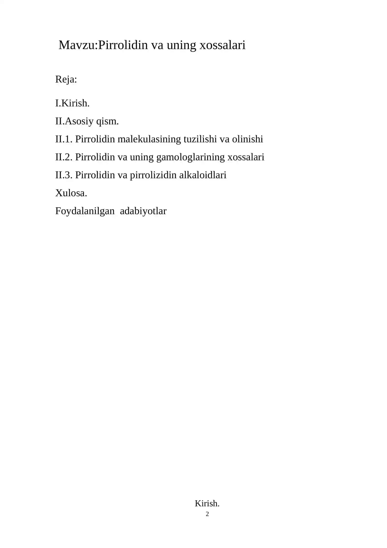 Mavzu: Pirrolidin va uning xossalari 2