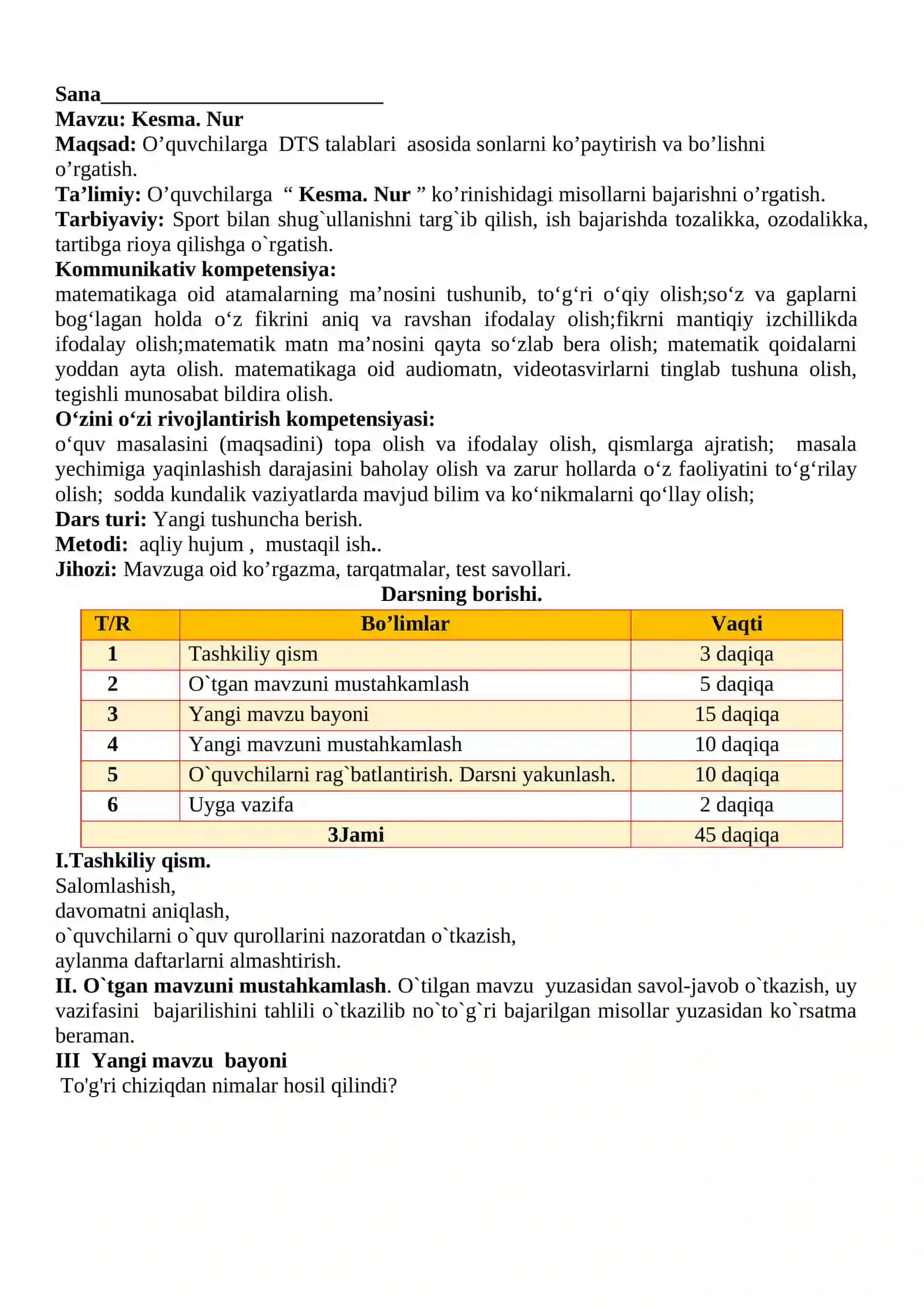3-sinf Matematika fanidan Kesma va Nur mavzuda dars ishlanma 2