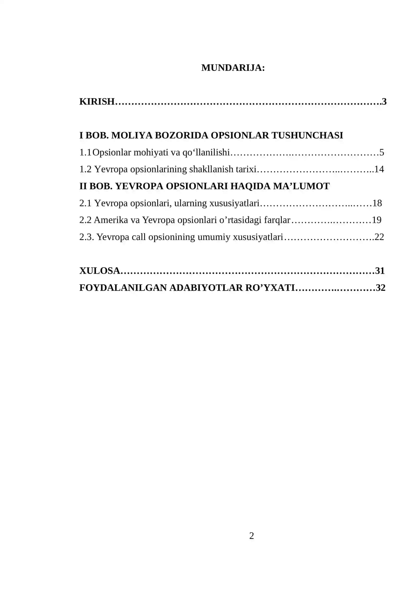 YEVROPA OPSIONLARI 2