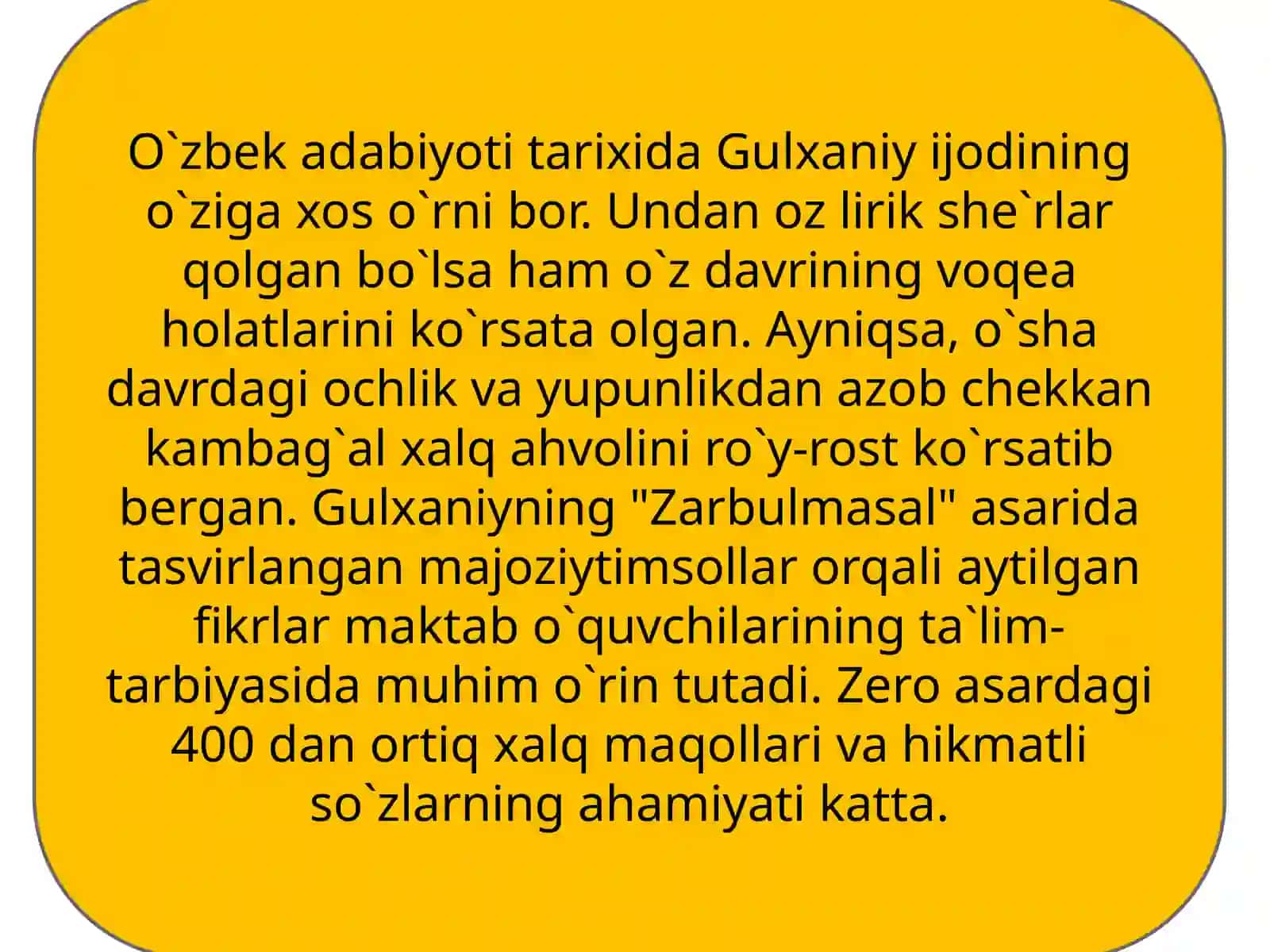 Gulxaniyning hayoti va Zarbulmasal asari 2