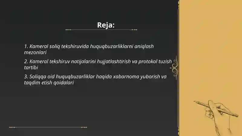 Kameral soliq tekshiruvida aniqlangan soliqqa oid huquqbuzarliklar bo‘yicha ish yuritish 2