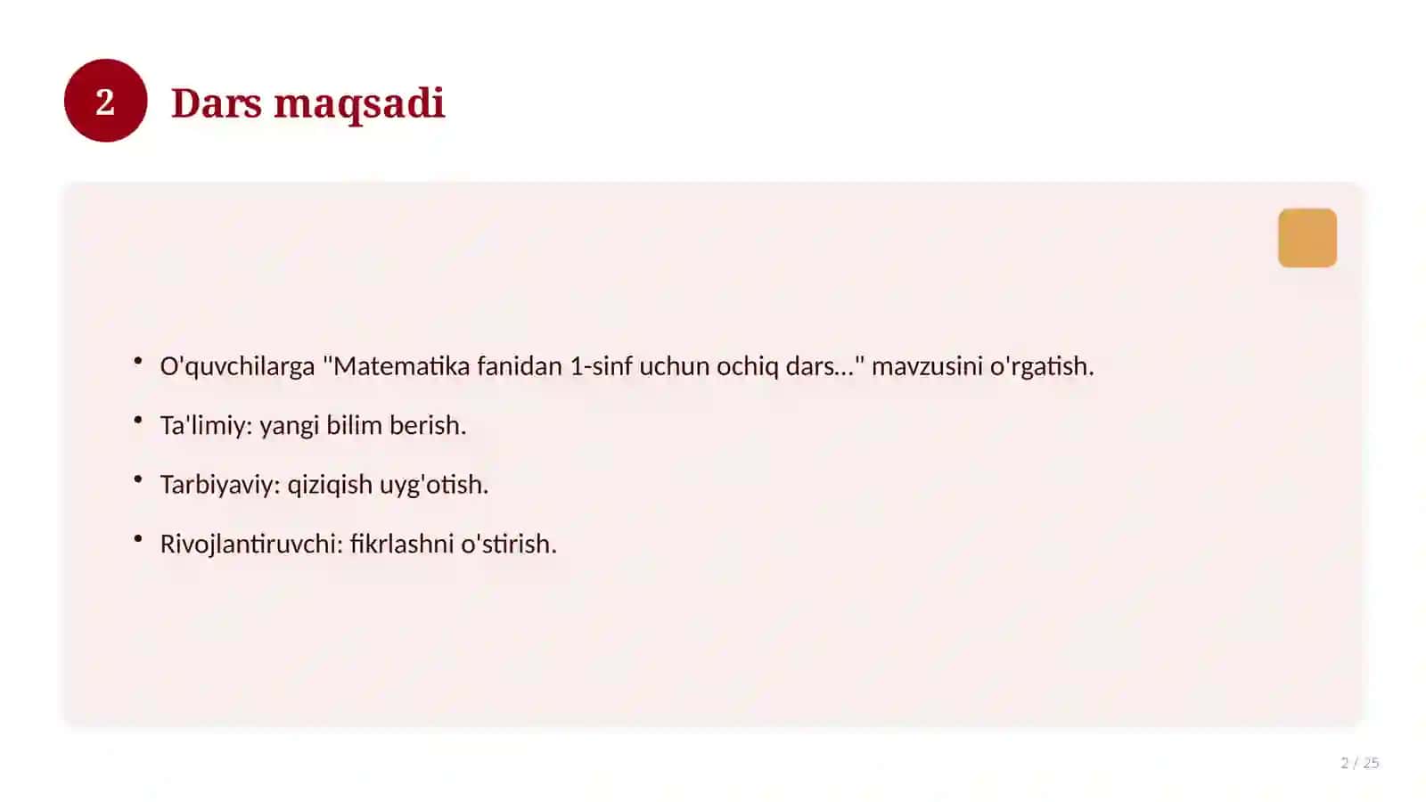 Matematika fanidan 1-sinf uchun ochiq dars ishlanmasi 2