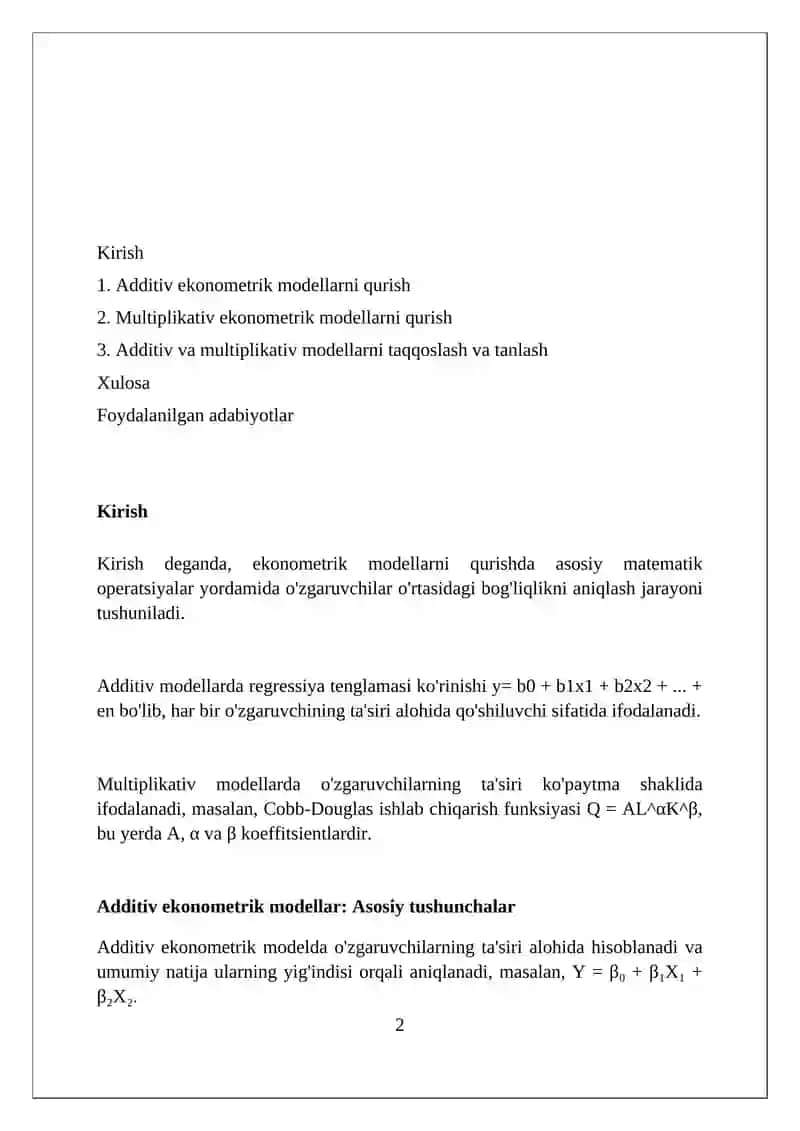 Additiv va multiplikativ ekonometrik modellarni tuzish 2