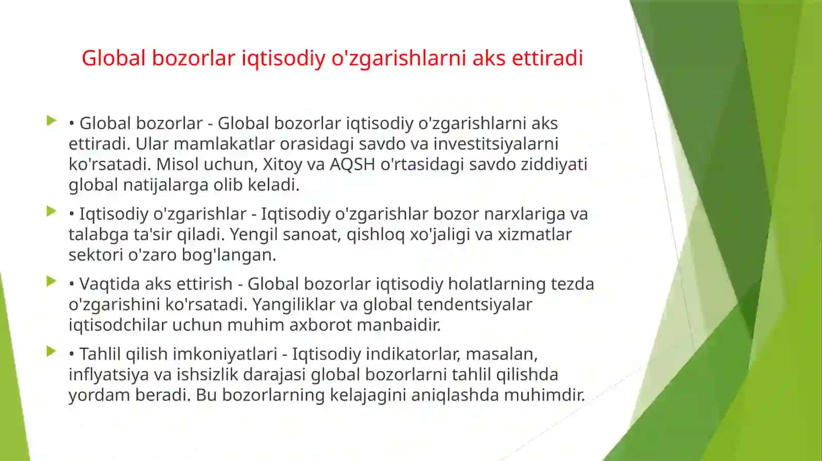 Global bozorlarning shakllanishi va ularning xususiyatlari 2