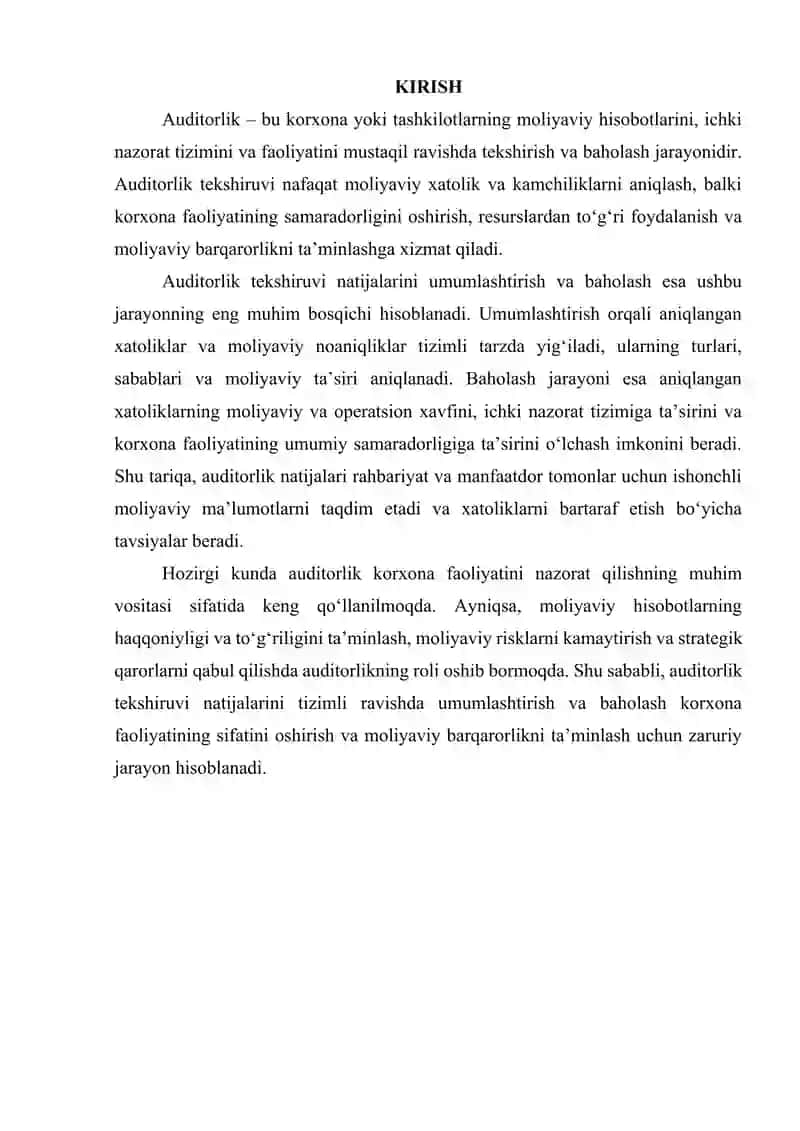 Auditorlik tekshiruvlar natijalarini umumlashtirish va baholash 2