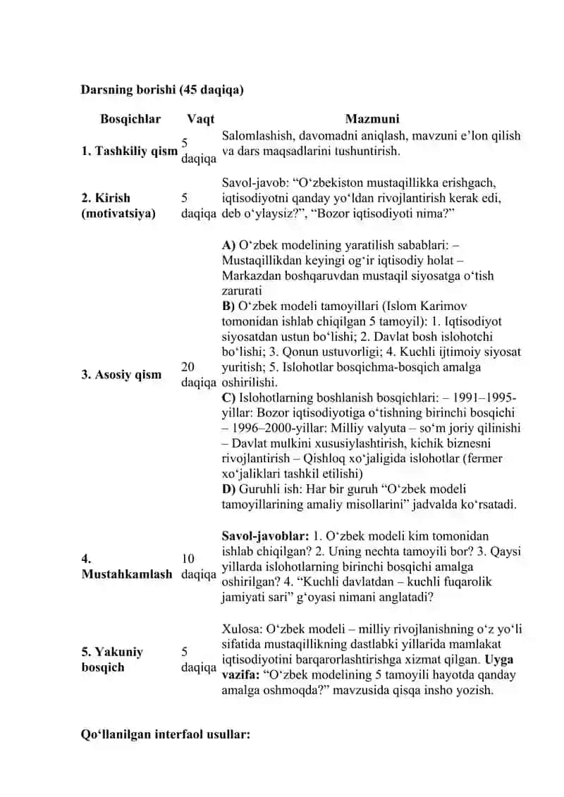 O‘zbek modelining ishlab chiqilishi. Iqtisodiy islohotlarning boshlanishi mavzusida dars ishlanma 2