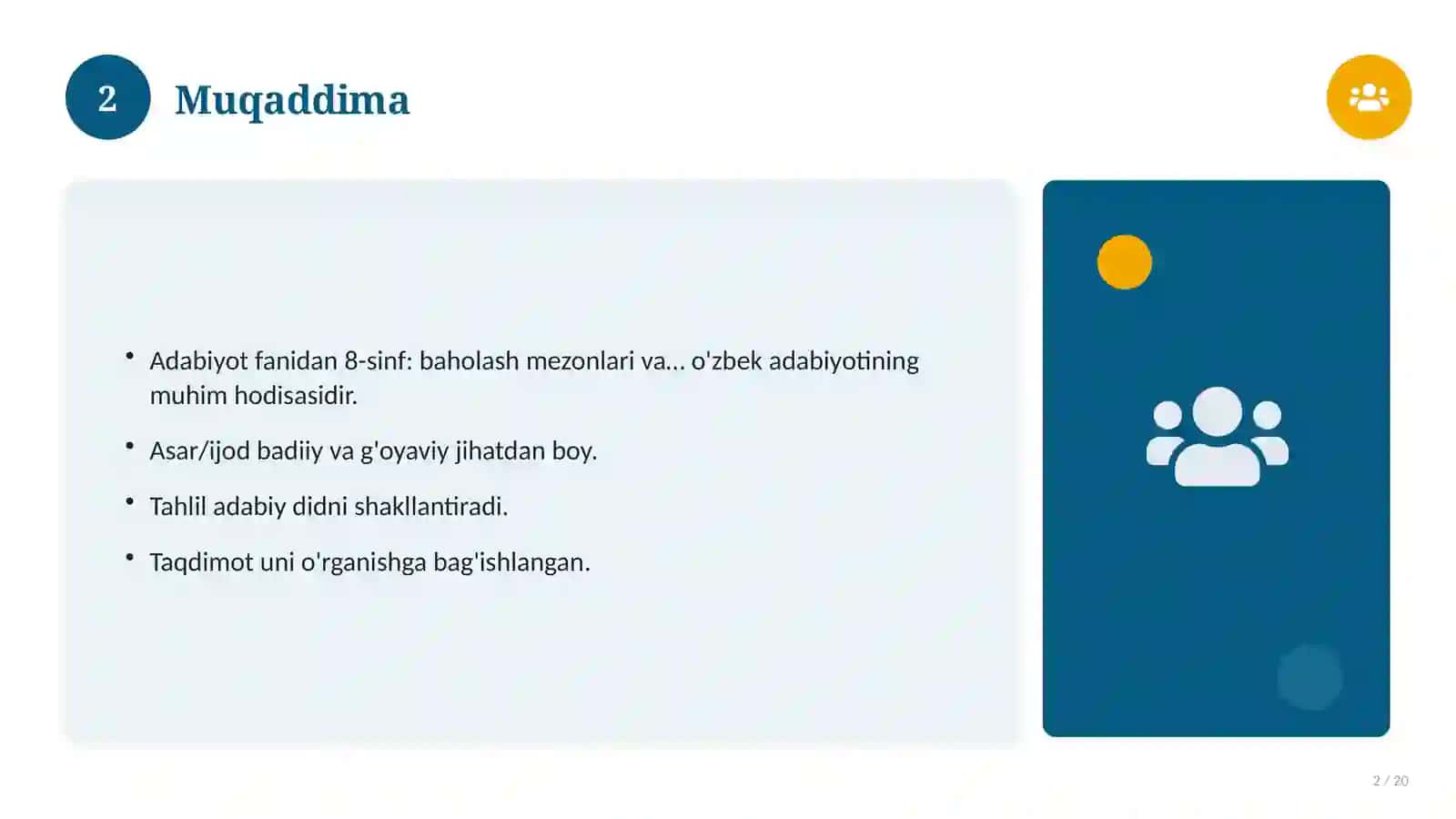 Adabiyot fanidan 8-sinf: baholash mezonlari va rubrika 2
