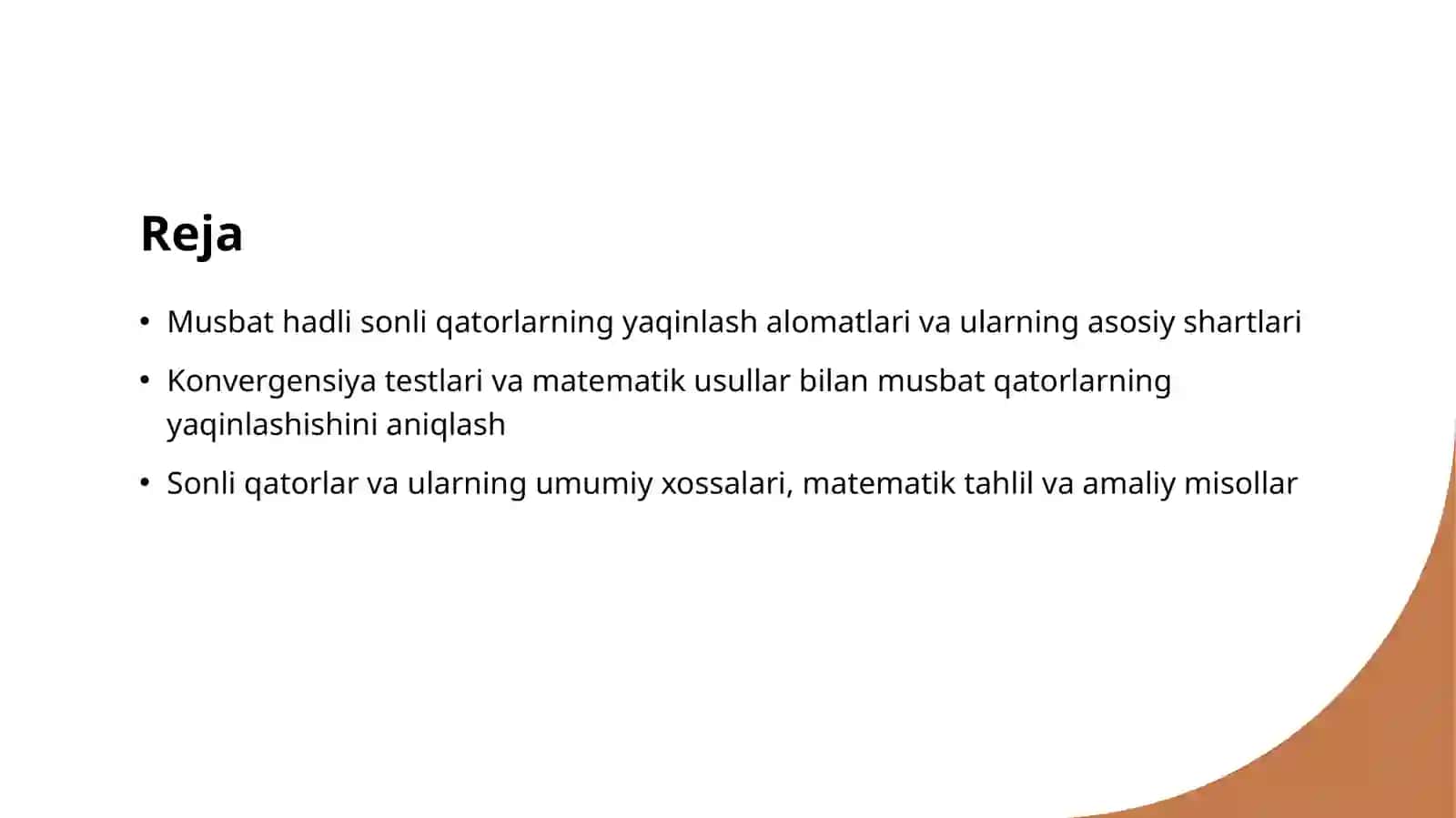 Sonli qatorlar.Musbat hadli qatorlarning yaqinlash alomatlari 2