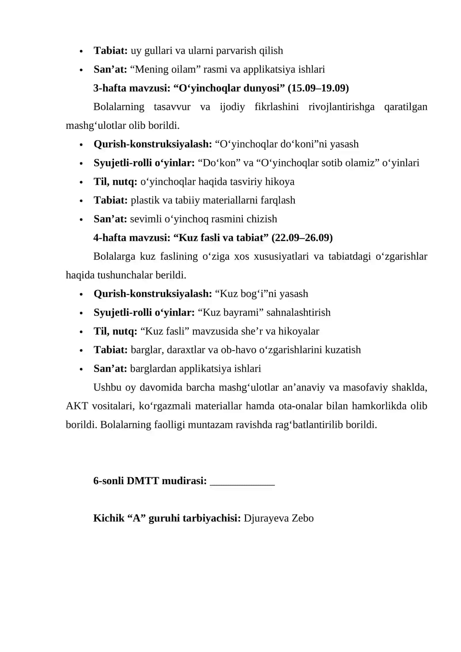 Maktabgacha ta'lim tarbiyachisi uchun Sentabr hisoboti 2