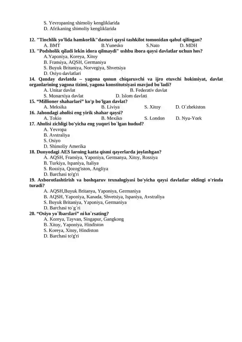 9 – sinflar uchun “Geografiya” fanidan T E S T S A V O L L A R I I – chorak. I – variant. 2