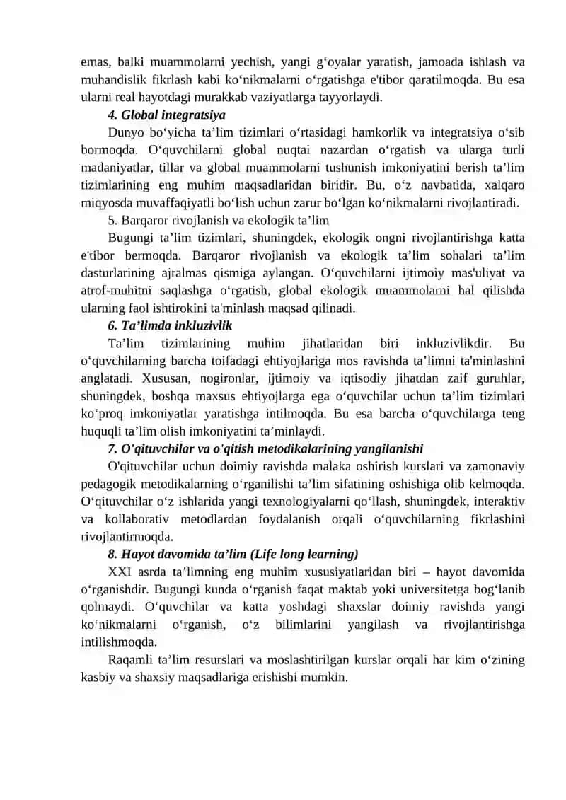 XXI ASRDA JAHON MIQYOSIDAGI TA’LIM TIZIMLARINING XUSUSIYATLARI 2