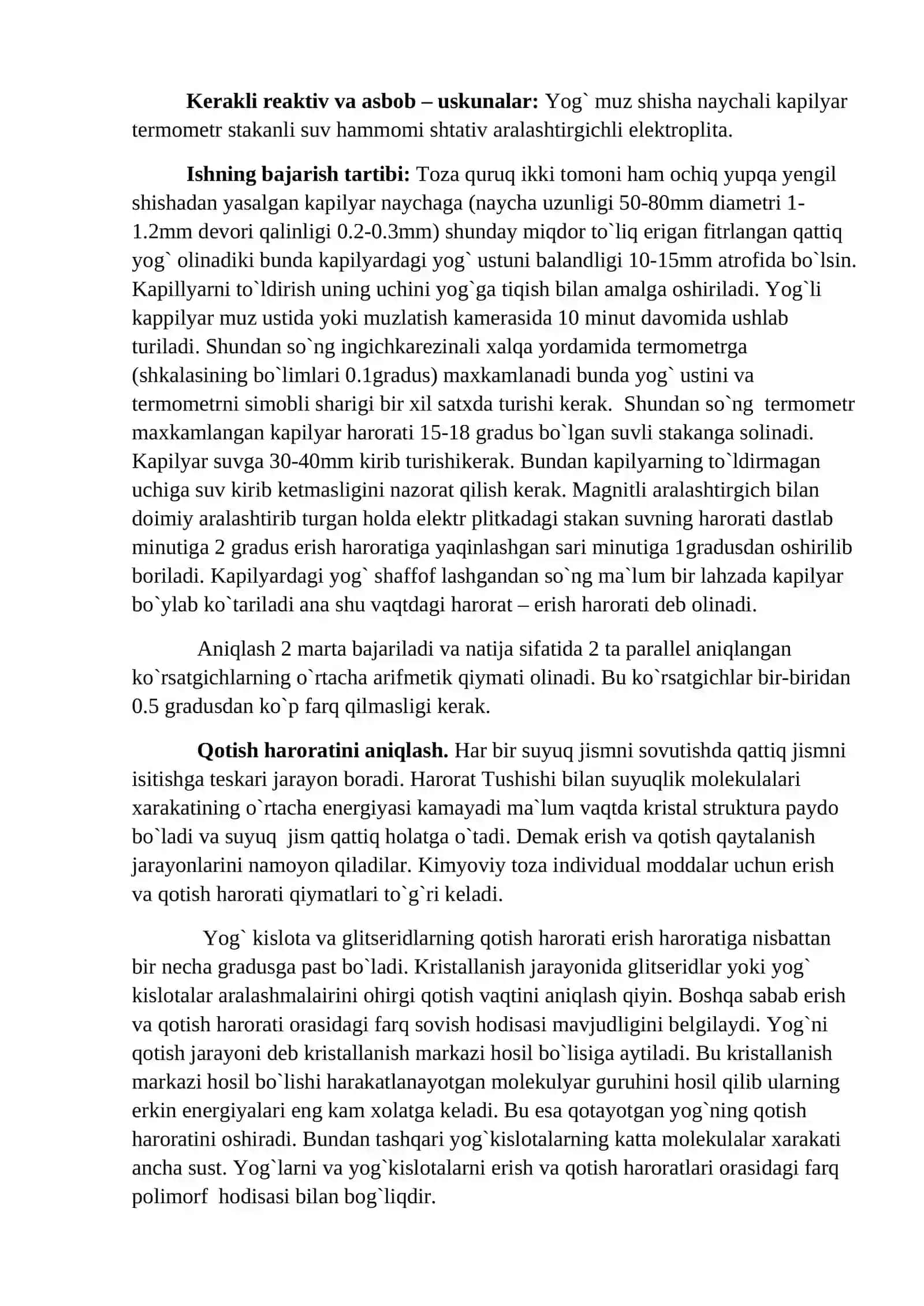 Qattiq Yog'larning Erish va Qotish Haroratini Aniqlash 2