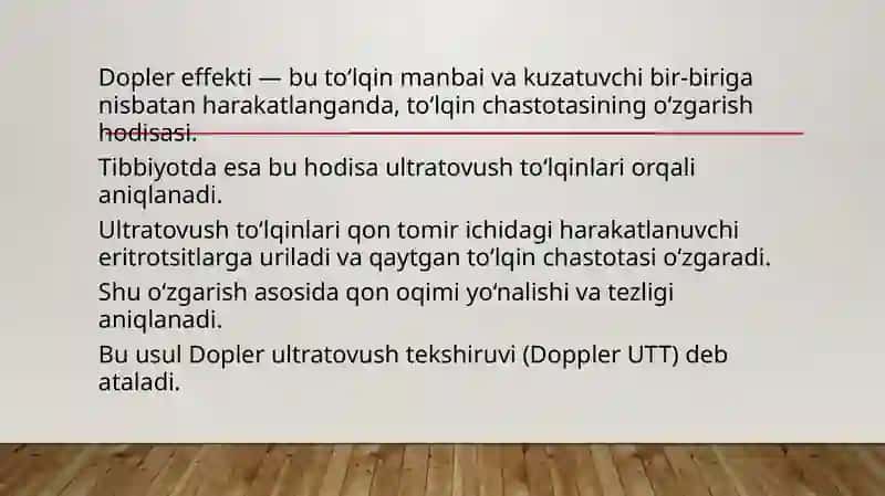 DOPLER EFFEKTI. QON OQIMI TEZLIGINI ANIQLASH. YURAK QON TOMIRLARIDA BOSIMNING TAQSIMLANISHI 2