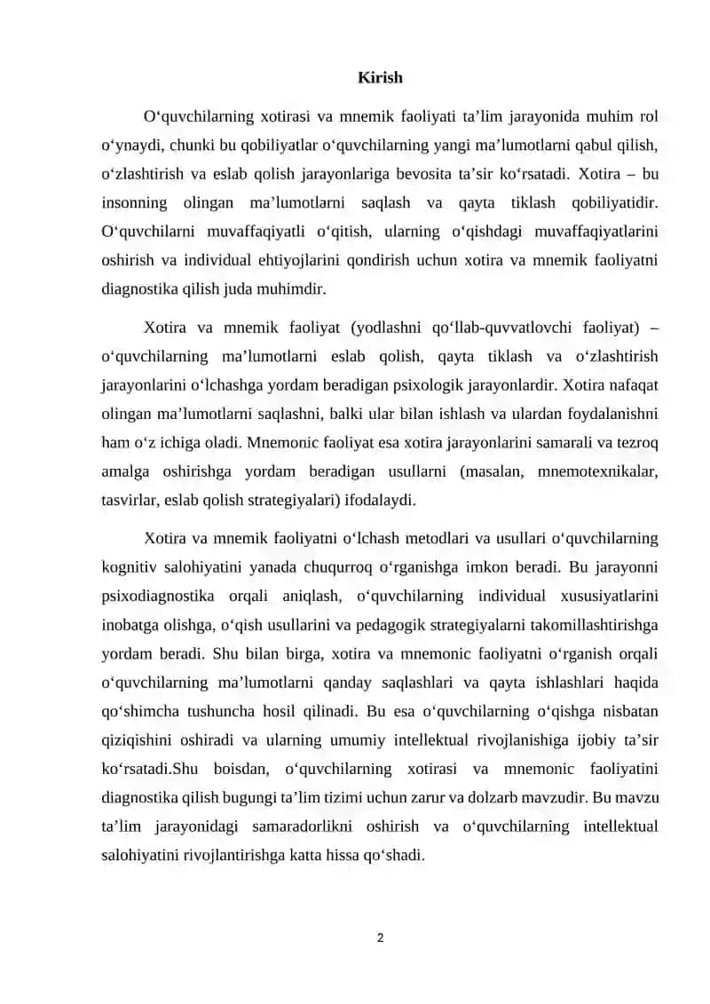 O‘QUVCHILARNING XOTIRASI VA MNEMIK FAOLIYAT DIAGNOSTIKASI 2