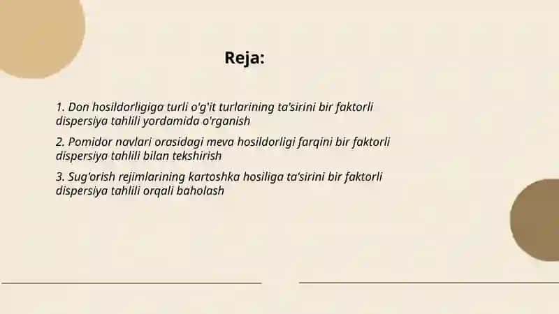 Qishloq xo'jalik sohasida uchraydigan masalalarni bir faktorli dispersion tahlil usuli bilan tekshirish 2