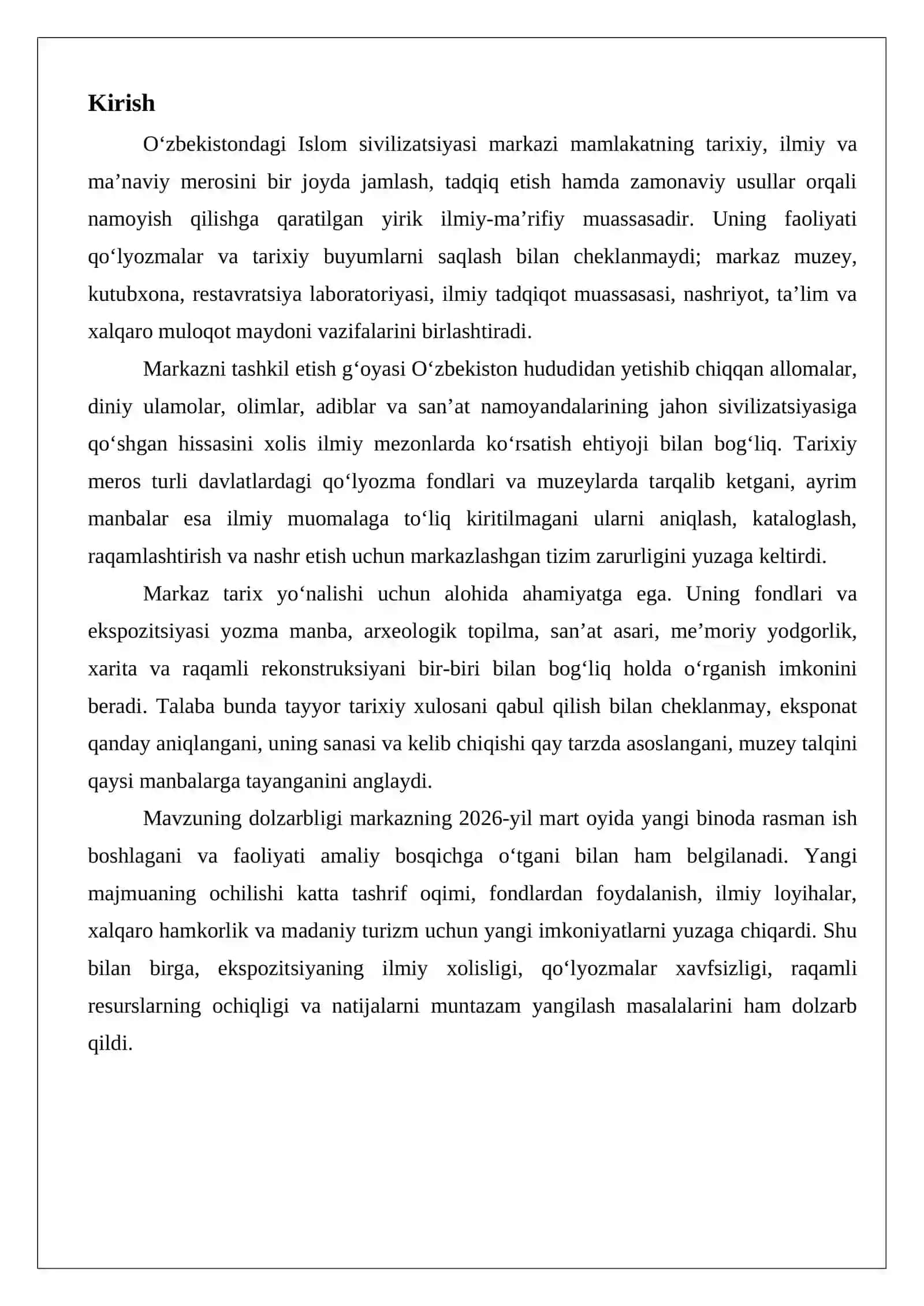 O‘zbekistondagi Islom sivilizatsiyasi markazi faoliyati 2