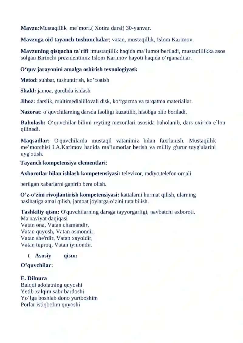 Mustaqillik me`mori.( Xotira darsi) 30-yanvar 2