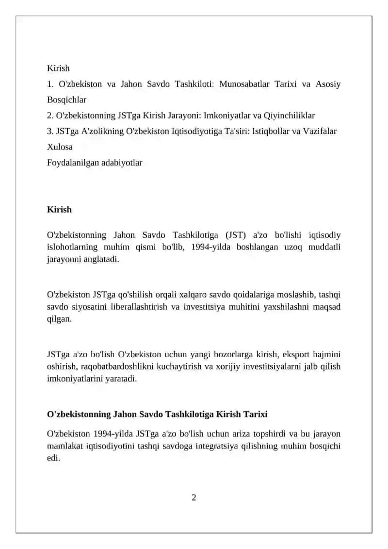 O'zbekiston va Jahon Savdo Tashkiloti munosabatlari 2