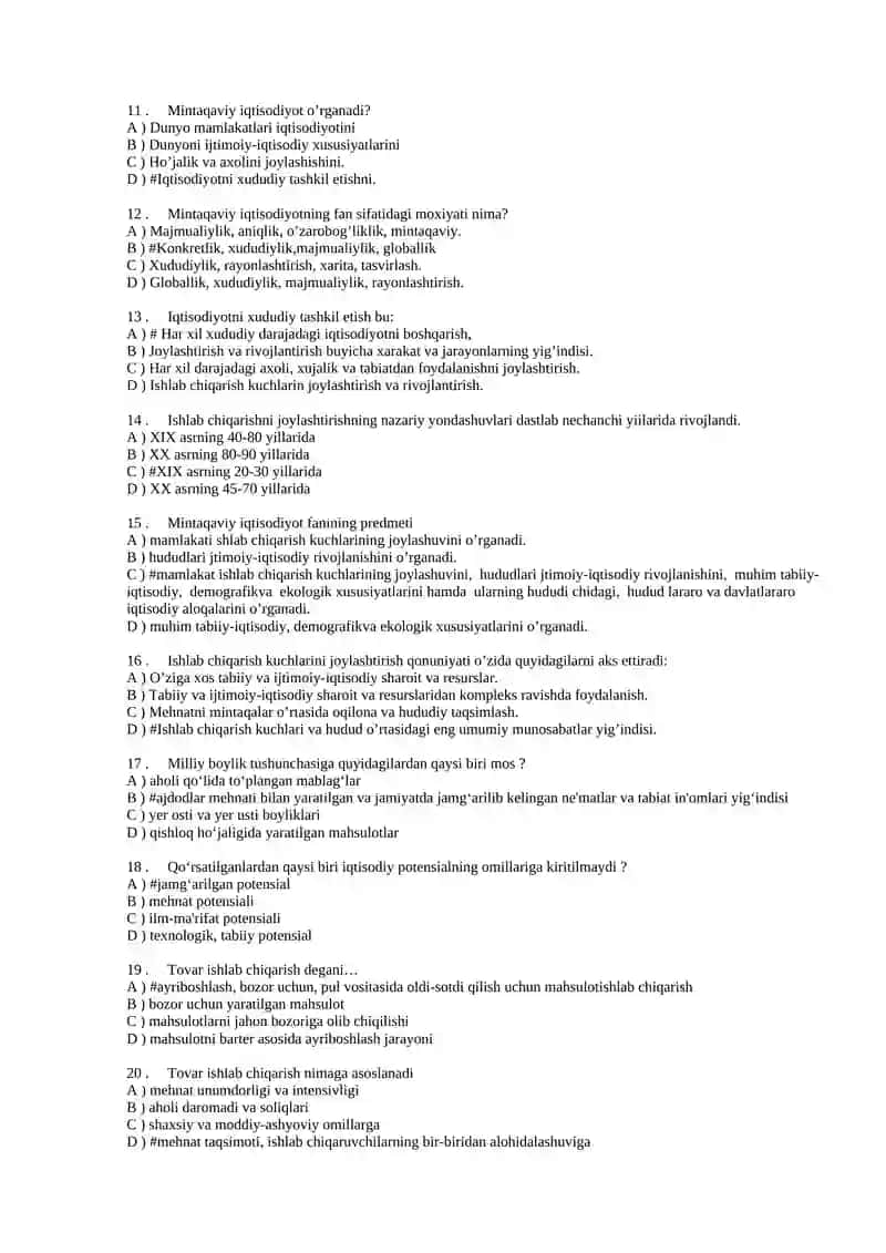 MINTAQA IQTISODIYOTI TESTLAR 2