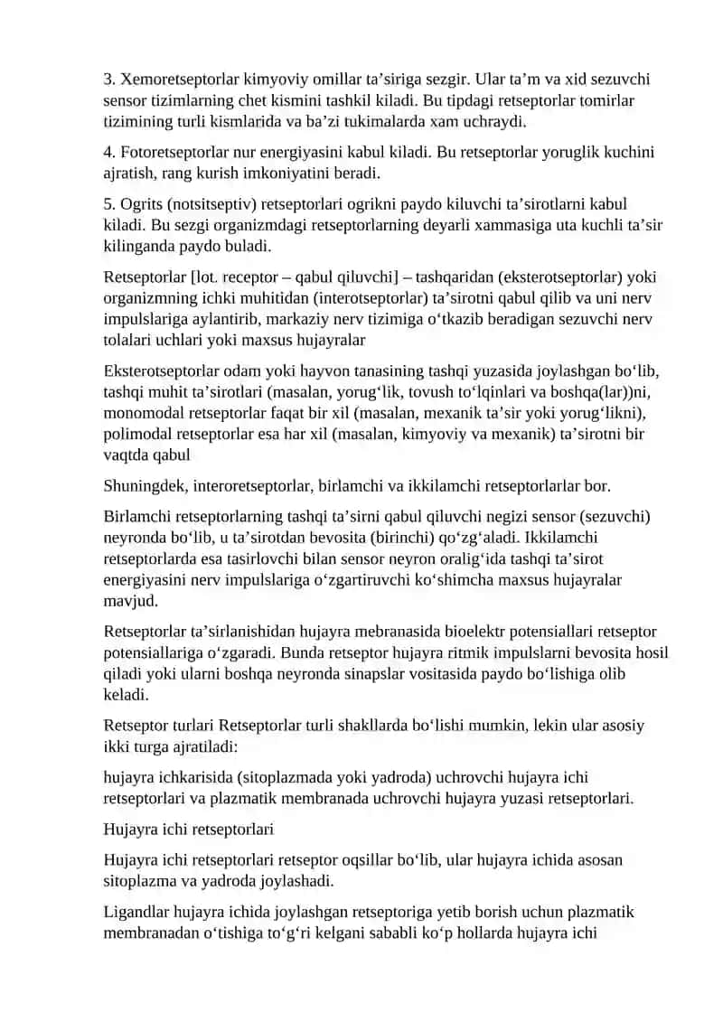 Retseptsiya, retseptor hujayralar tuzilishi va faoliyati 2