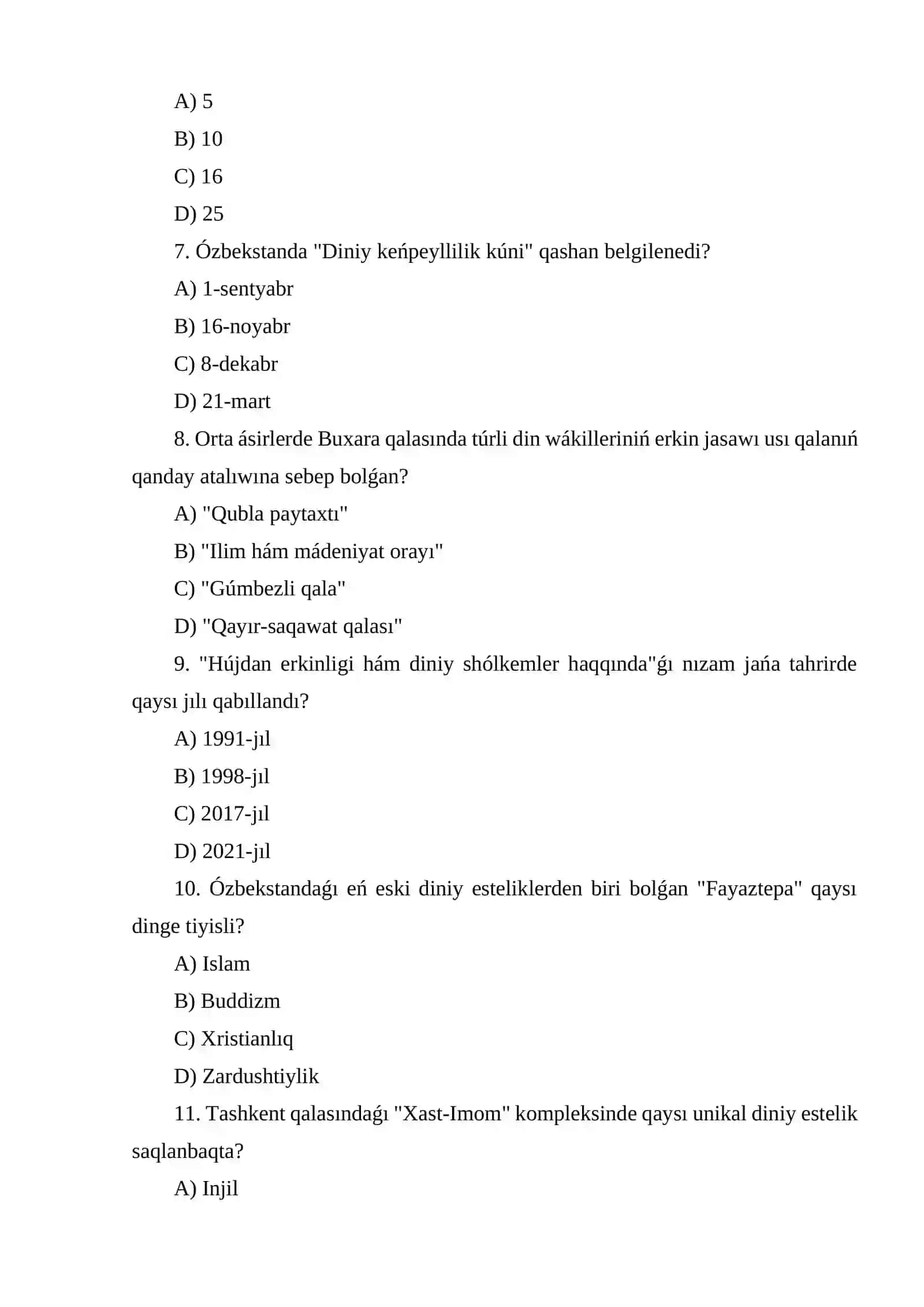 Tariyxıy tájiriybesi temasında test tayarlaw 2