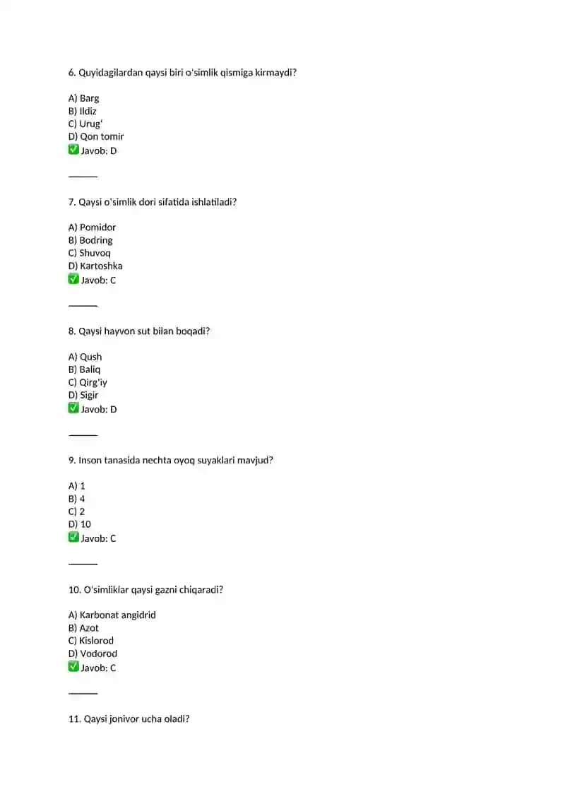 🌿 5-sinf Biologiya: Maktab Doirasidagi Testlar 2